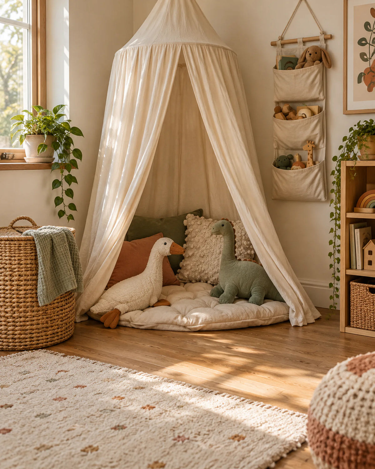 Family play corner with a cotton canopy, plush toys and woven storage
