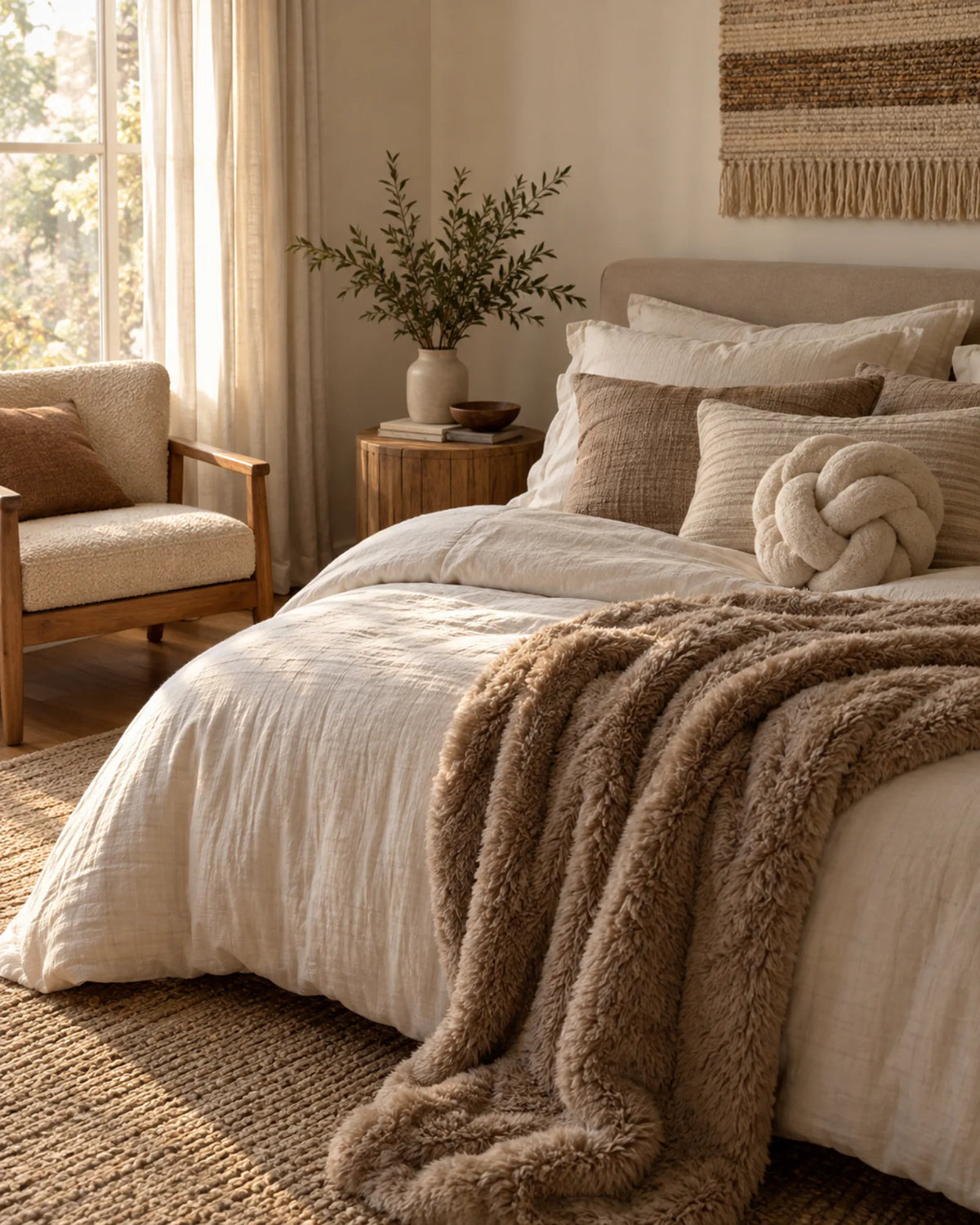 Warm bedroom with layered bedding, pillows and a textured throw