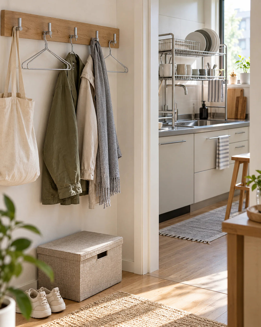Organized entryway and kitchen with hooks, hangers, storage and a dish rack
