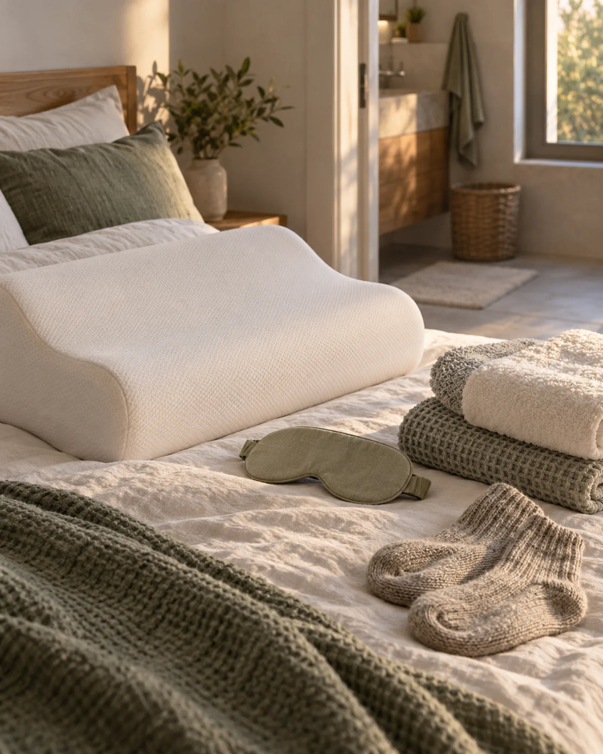 Restful bedroom with a memory foam pillow, sleep mask, towels and knit socks