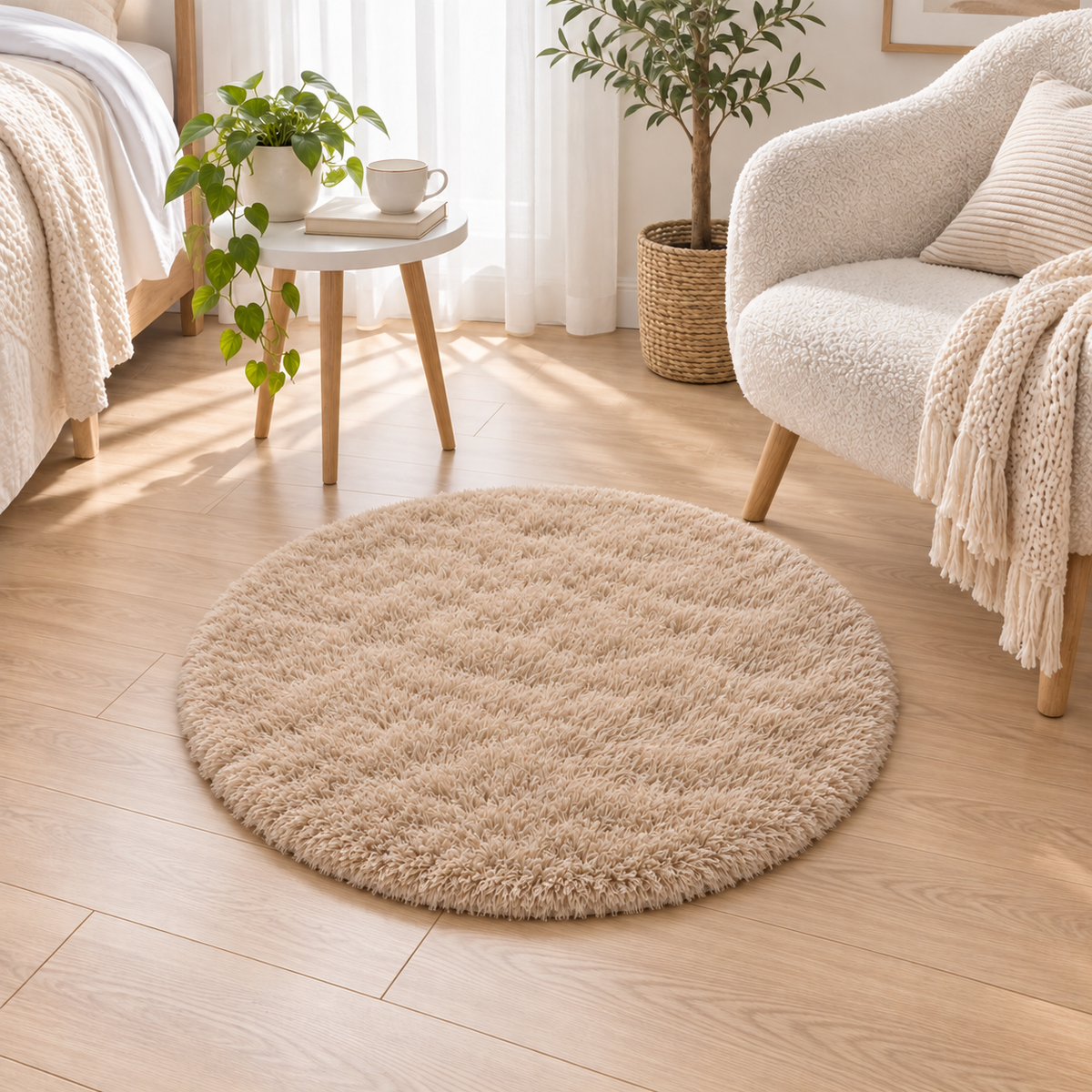 Khaki round plush area rug styled beside a bed and reading chair.