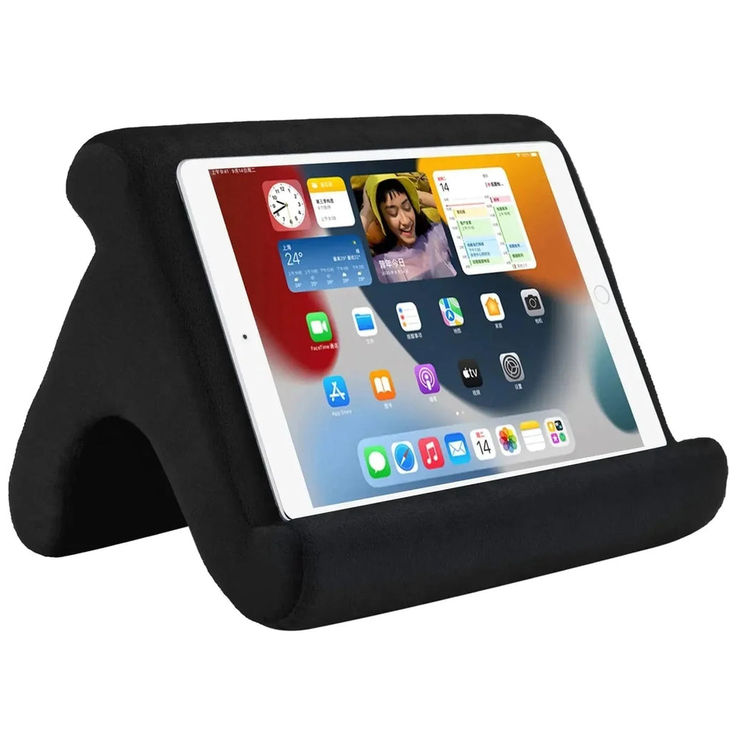 Black multi-angle tablet cushion stand holding a tablet