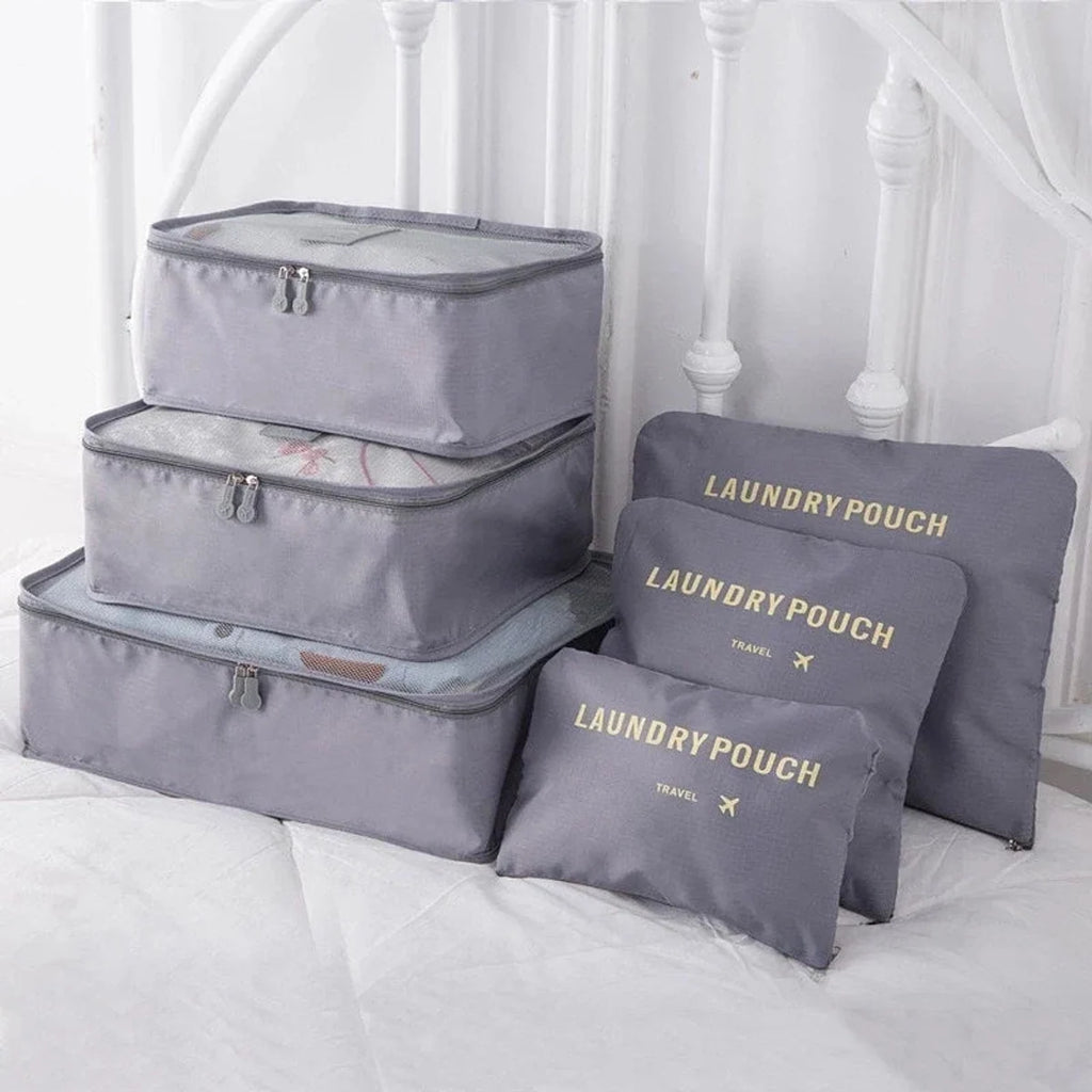 Complete grey six-piece packing cube set with three cubes and three pouches