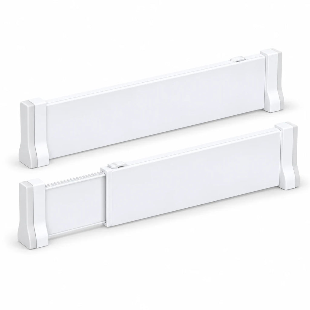 Two white expandable drawer dividers on a white background