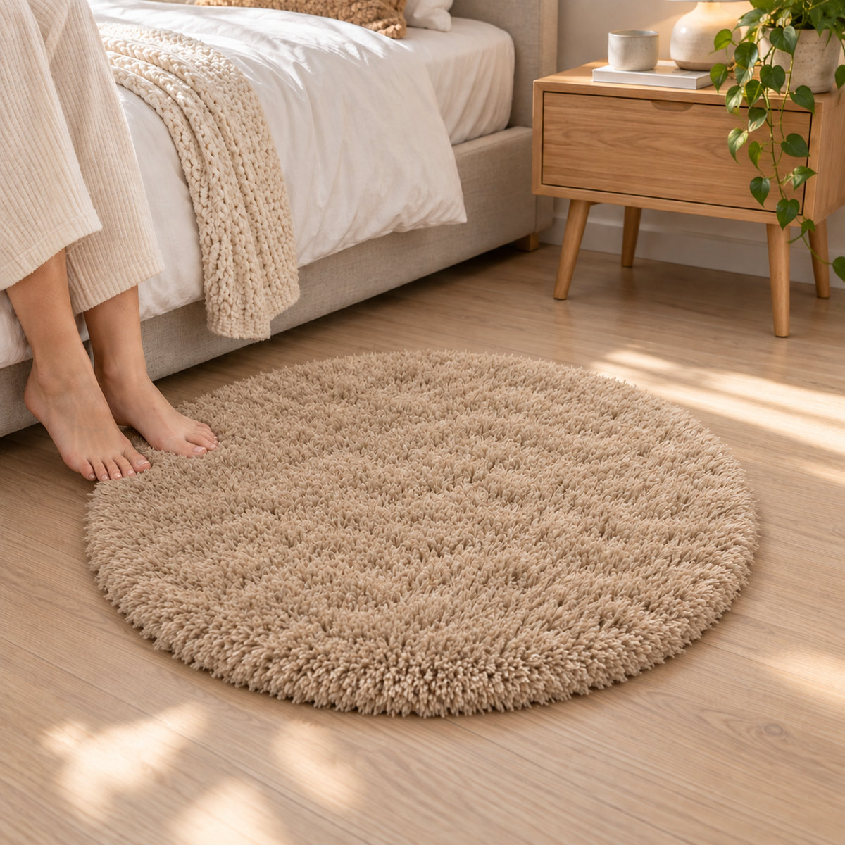 Khaki round plush area rug shown beside a bed for scale.