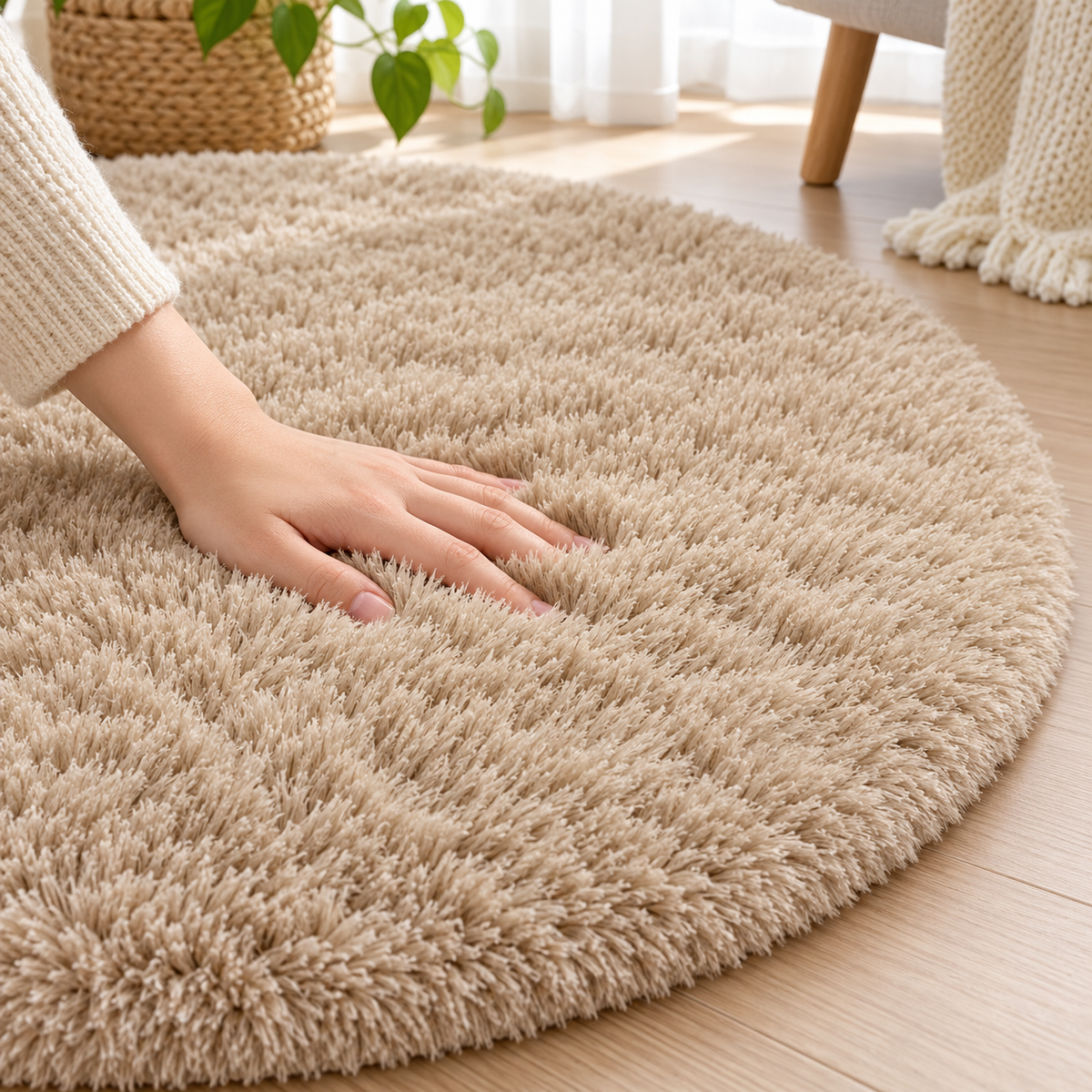 Close-up of the plush surface on a khaki round area rug.