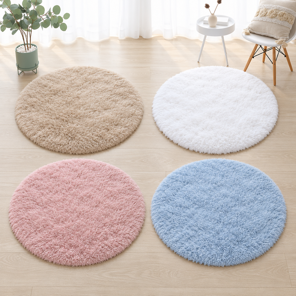 Pink, white, khaki, and blue round plush area rug color options.