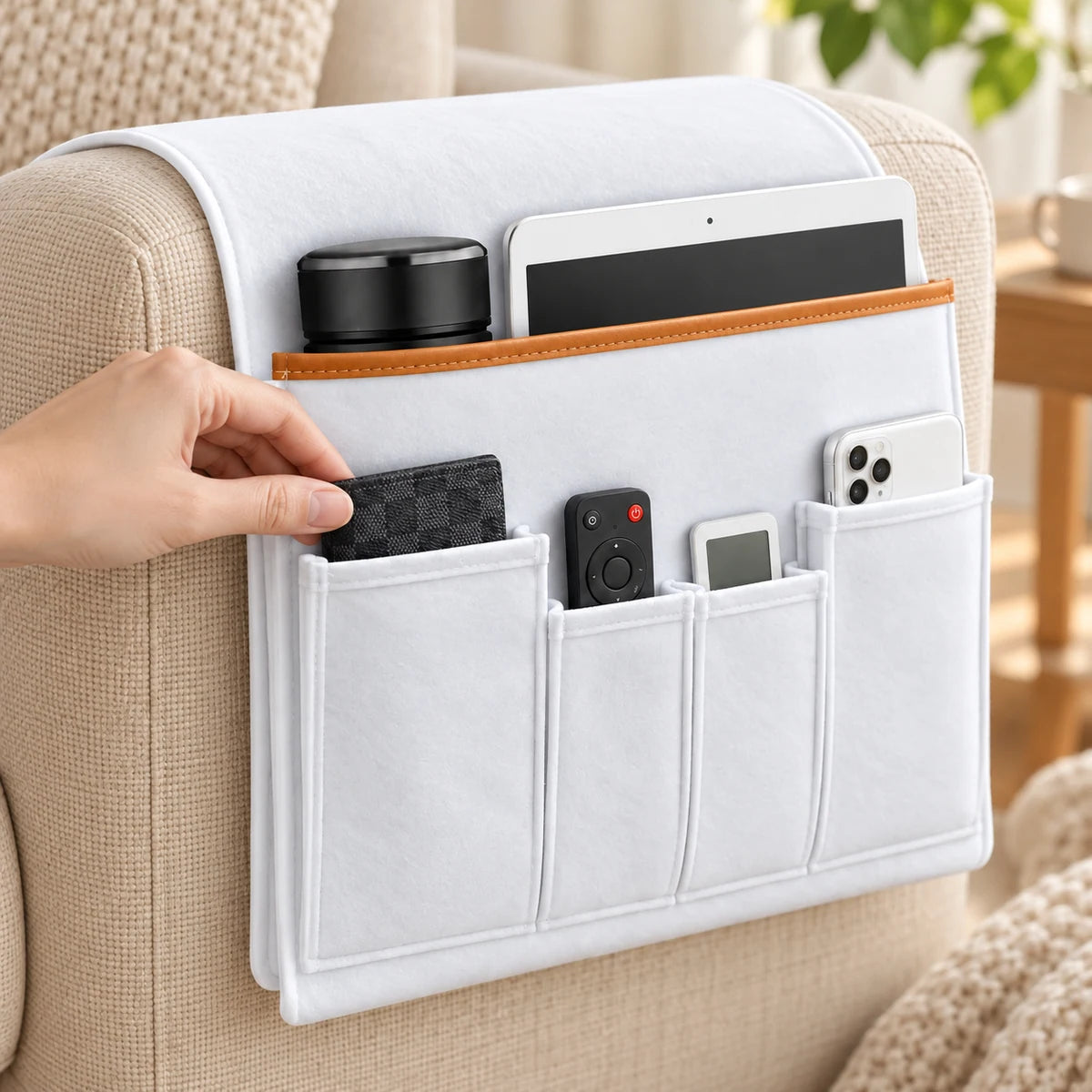 Armchair Caddy Organizer detail view in a coordinated setting