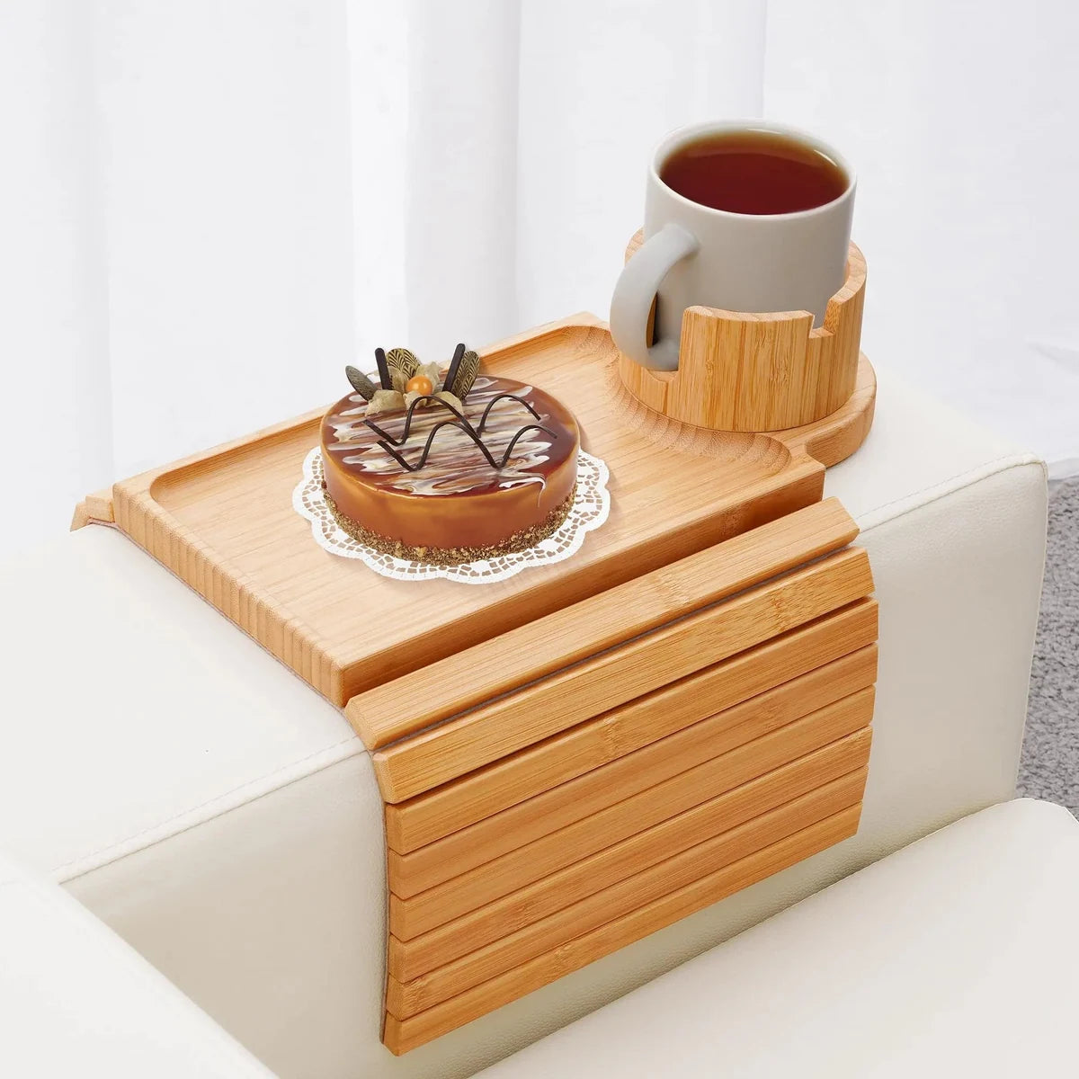 Bamboo couch cup holder tray with removable serving section