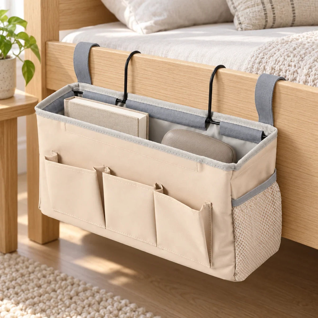 Beige bedside caddy organizer hanging from a light wood bed frame with books and daily essentials