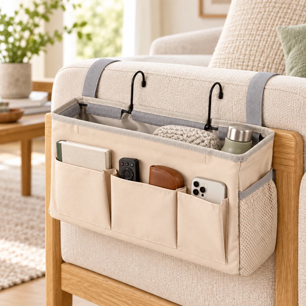 Beige bedside caddy organizer fitted to a cream sofa arm with everyday essentials