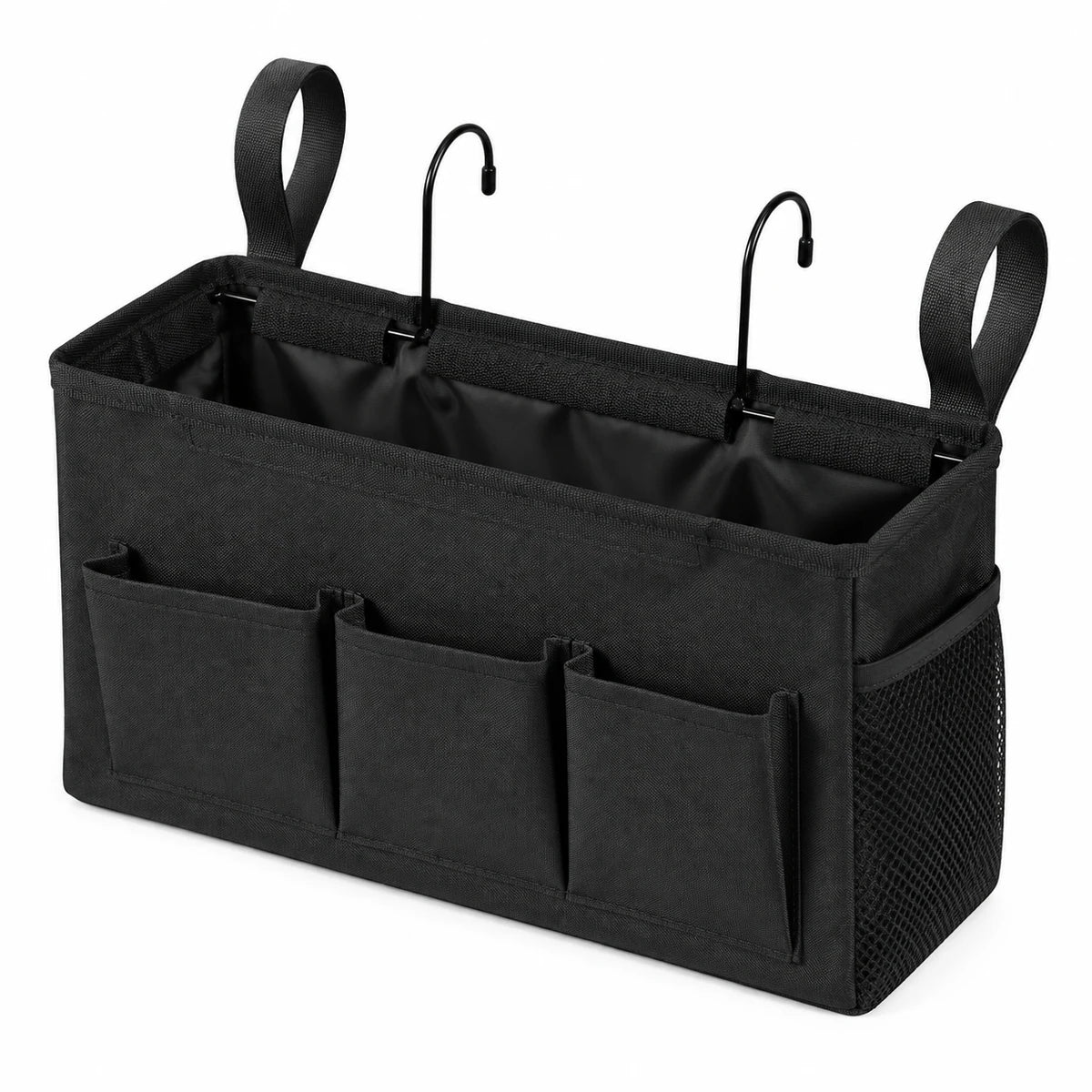 Black bedside caddy organizer with three front pockets, side mesh pocket, loops and metal hooks