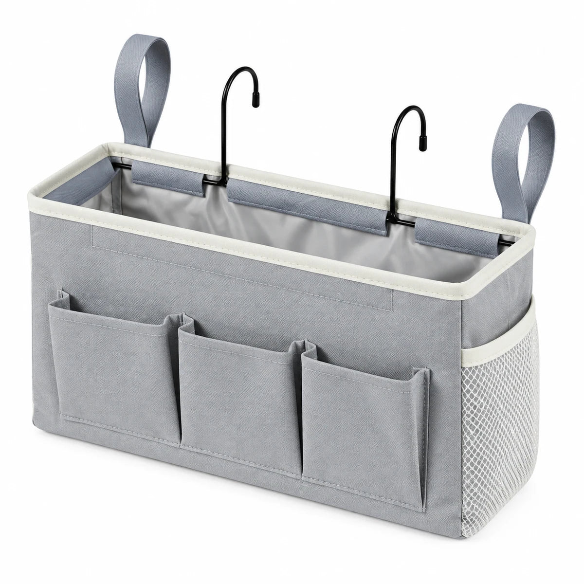 Gray bedside caddy organizer with three front pockets, white mesh side pocket, loops and metal hooks