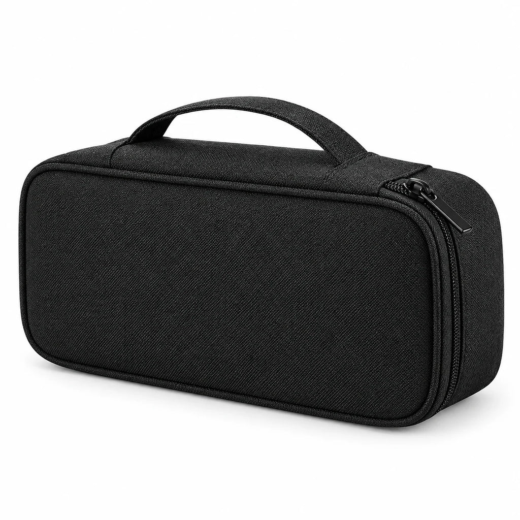Closed black travel cable organizer bag with carry handle