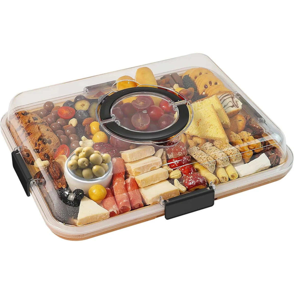 Bamboo cheese serving board with clear lid and black locking clips