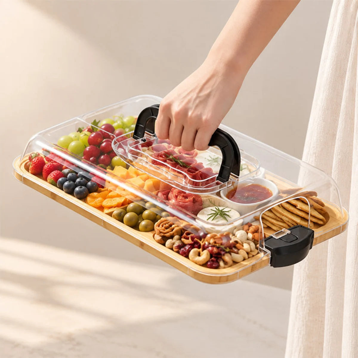 Covered bamboo cheese serving board carried with food arranged inside