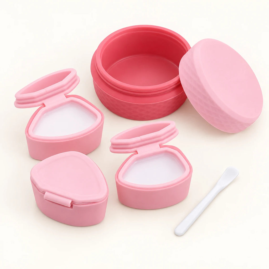 Pink cosmetic storage organizer with three removable dispensers and spoon