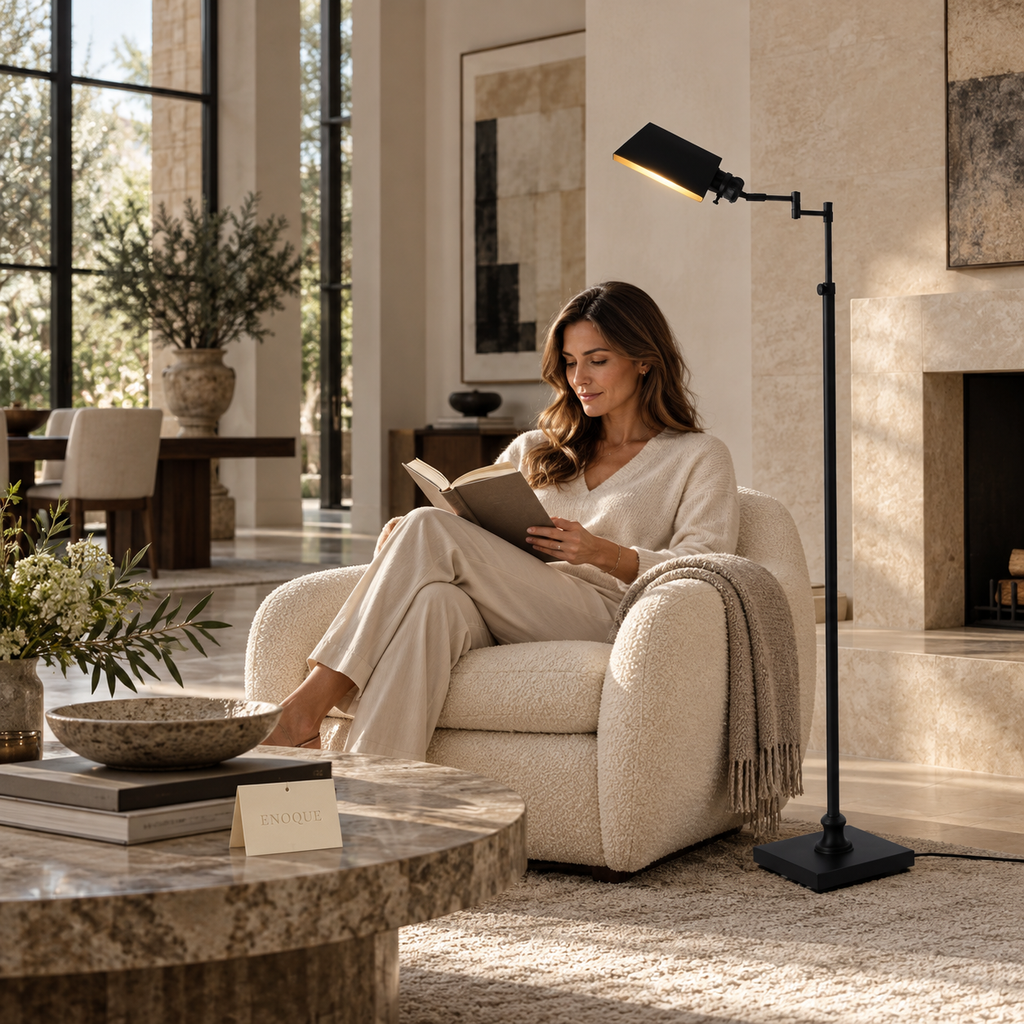 Black adjustable E26 floor lamp in a refined limestone living room