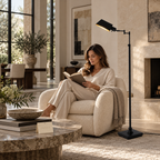 Black adjustable E26 floor lamp in a refined limestone living room