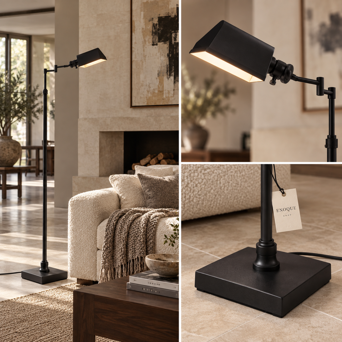 Black floor lamp full view articulated shade and weighted square base