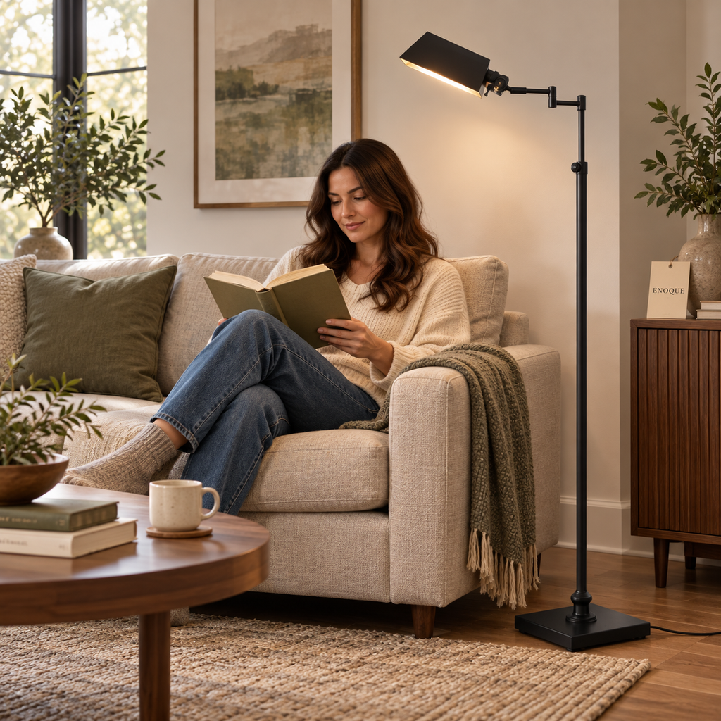 Black adjustable E26 floor lamp in a polished modern living room