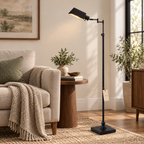 Black pharmacy floor lamp in a styled walnut and linen interior
