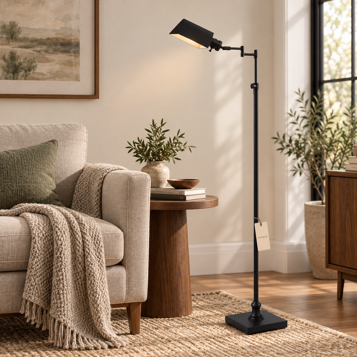 Black pharmacy floor lamp in a styled walnut and linen interior