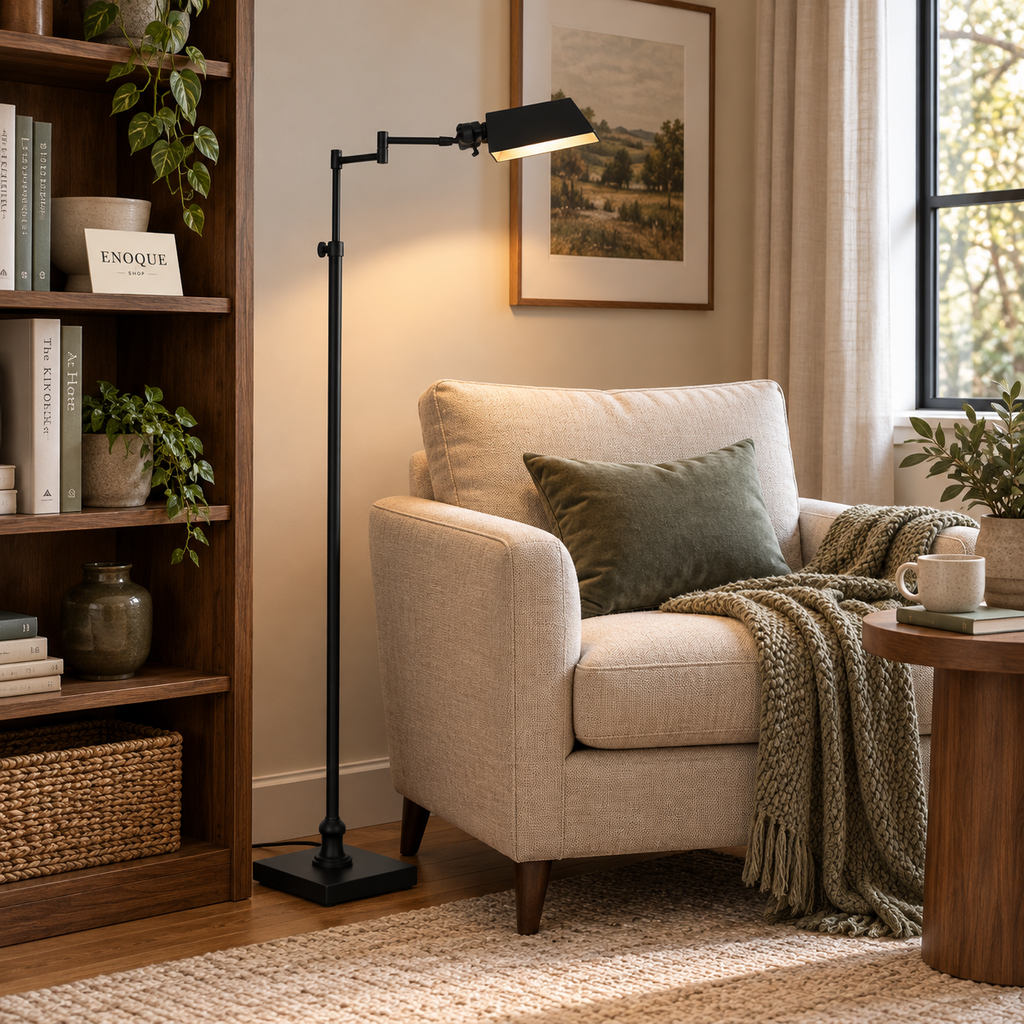 Slim black reading floor lamp beside an upholstered chair and bookcase