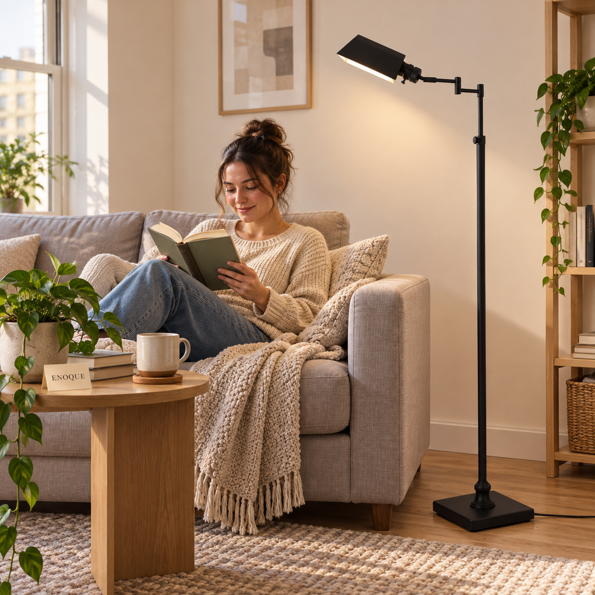 Black adjustable E26 floor lamp in an affordable apartment reading corner