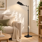 Black pharmacy floor lamp in a bright practical living room