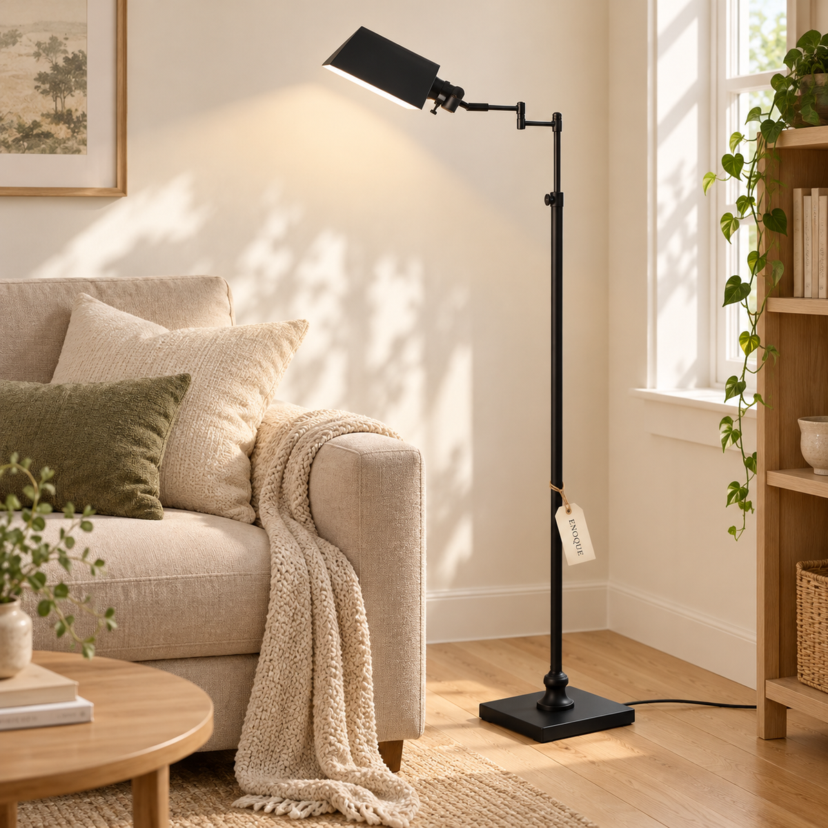 Black pharmacy floor lamp in a bright practical living room