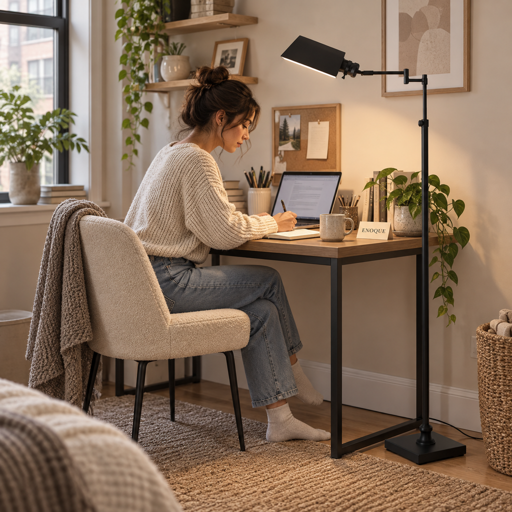 Adjustable E26 floor lamp lighting a compact home office