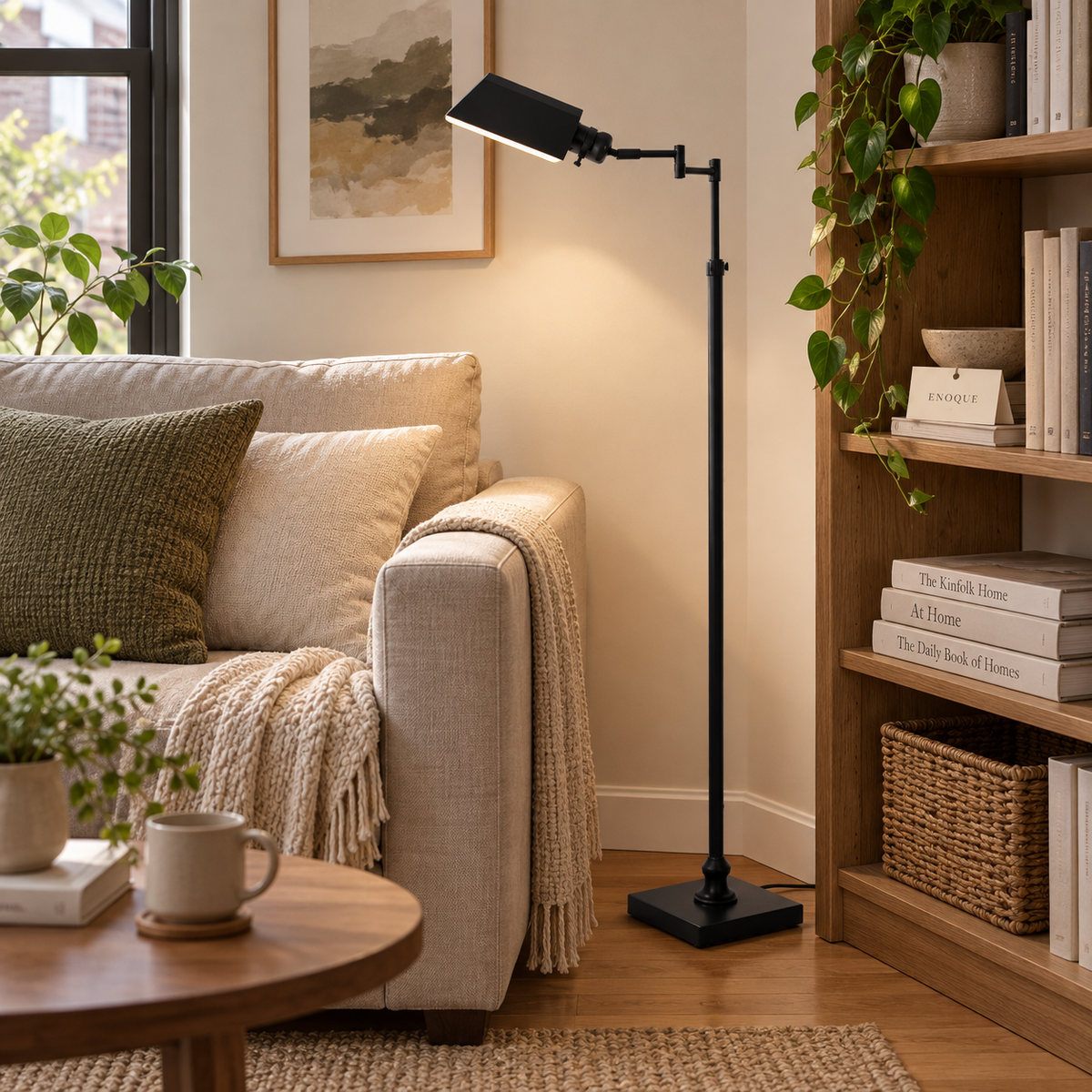 Slim black floor lamp beside a cozy reading chair and bookcase