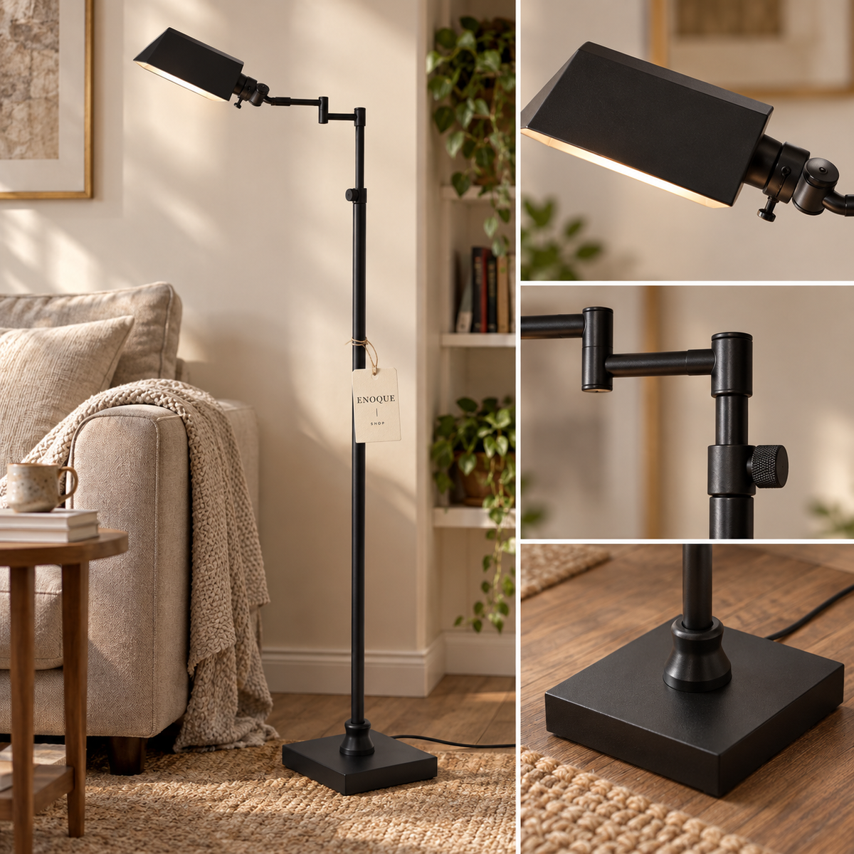 Black metal floor lamp shade joints and weighted square base