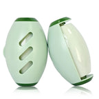 Green reusable lint roller shown closed and open