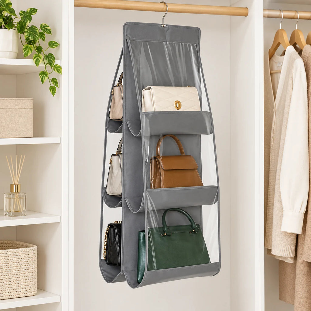 Hanging Handbag Organizer in a styled lifestyle setting