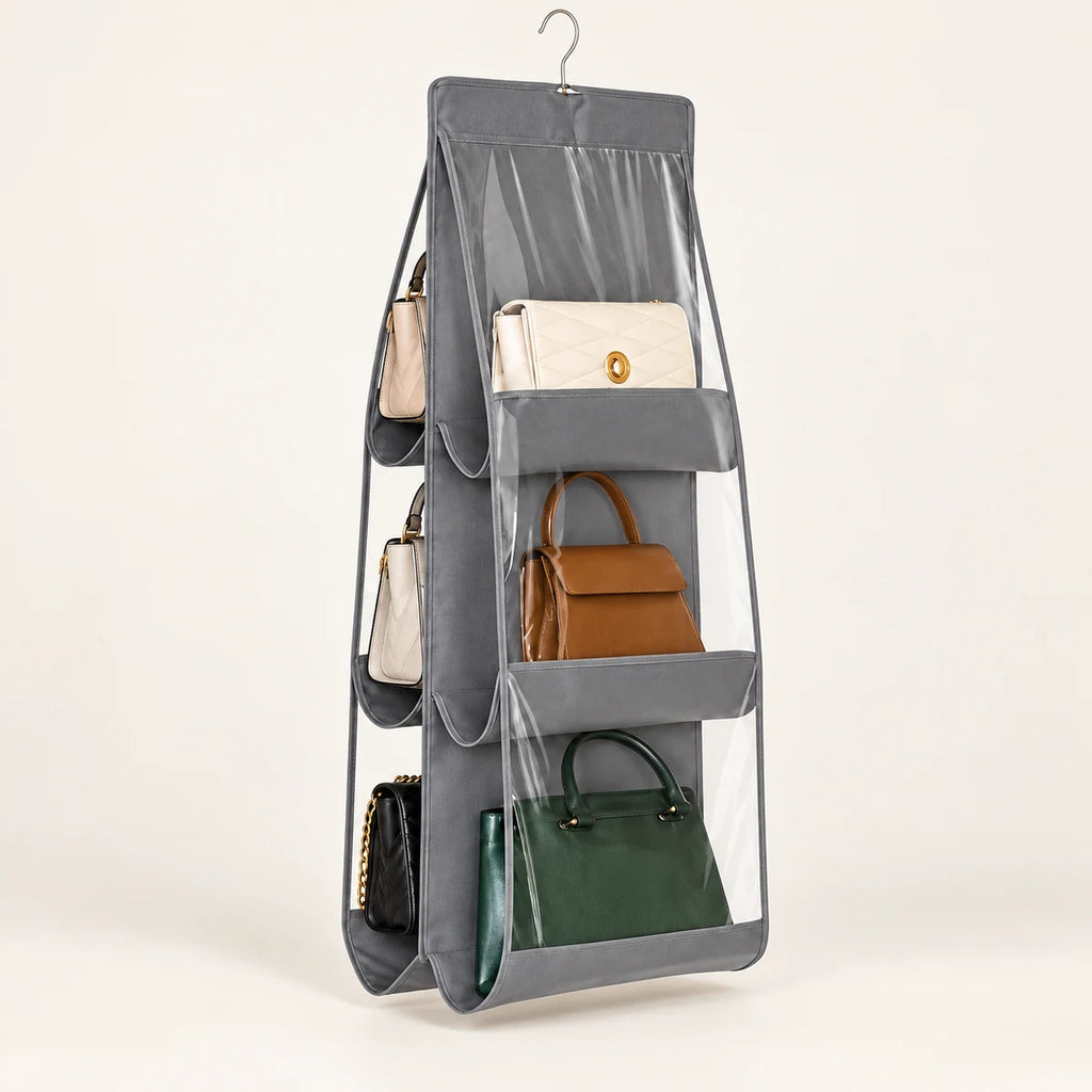 Hanging Handbag Organizer clean product view on a warm neutral background