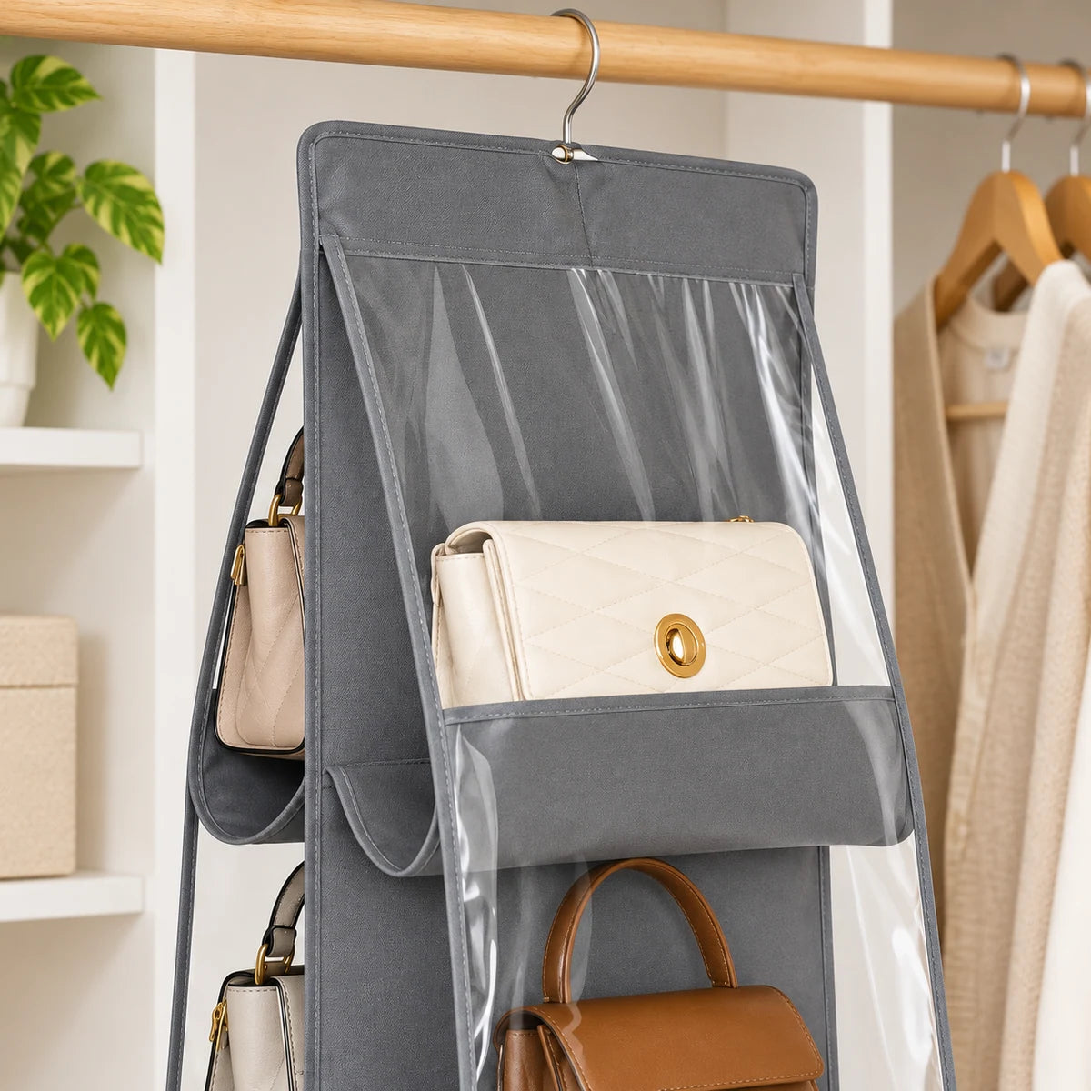 Hanging Handbag Organizer detail view in a coordinated setting