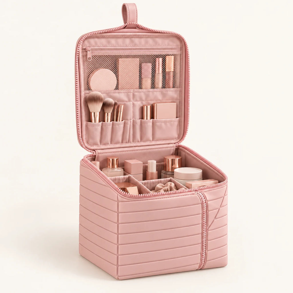 Hanging Makeup Organizer Bag clean product view on a warm neutral background