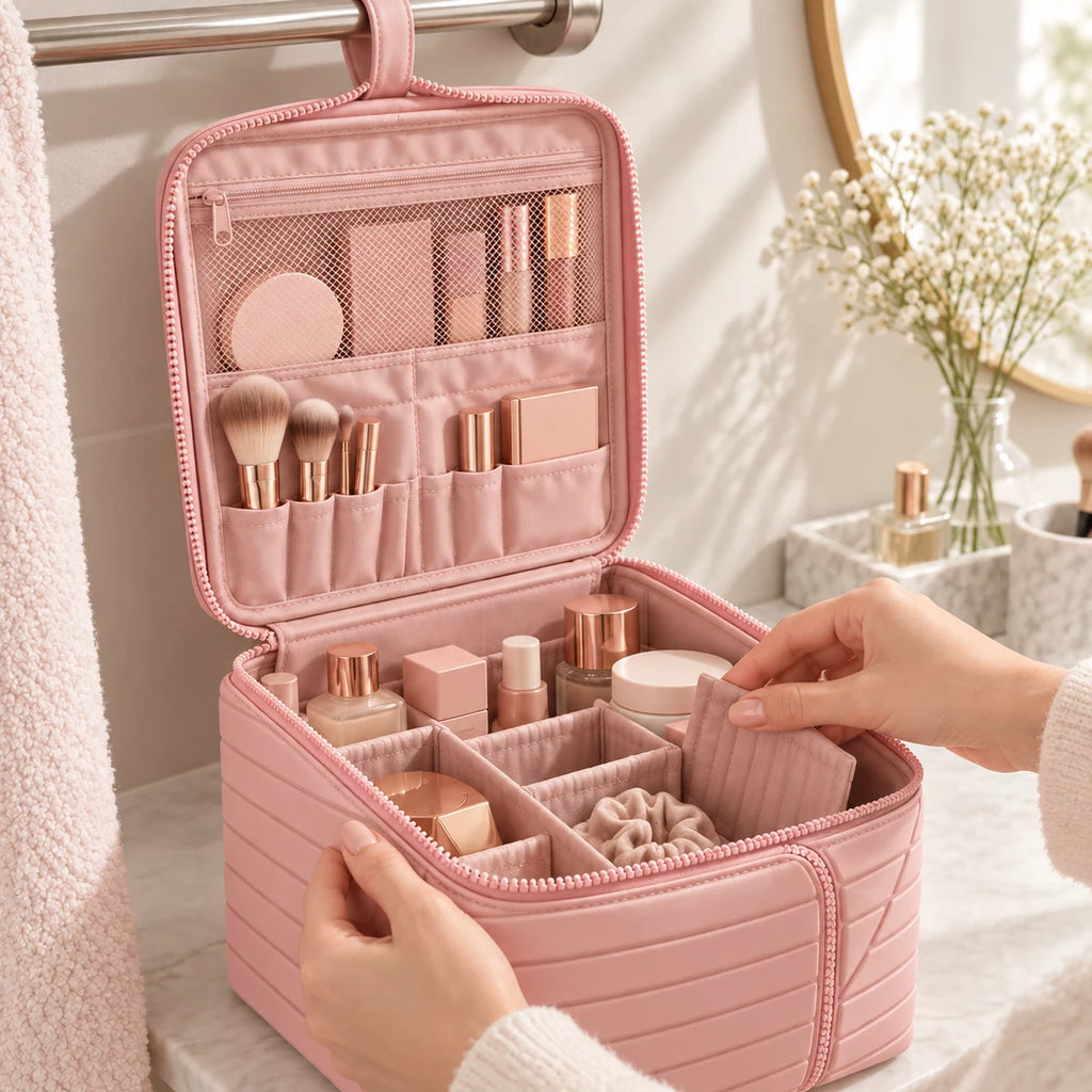 Hanging Makeup Organizer Bag detail view in a coordinated setting