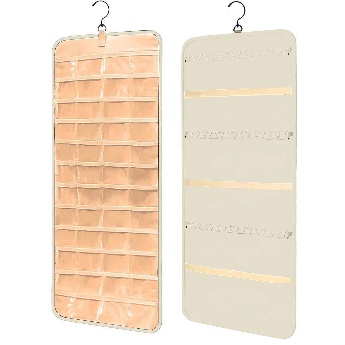 Beige double-sided hanging jewelry organizer with clear pockets, wave hooks and beige straps
