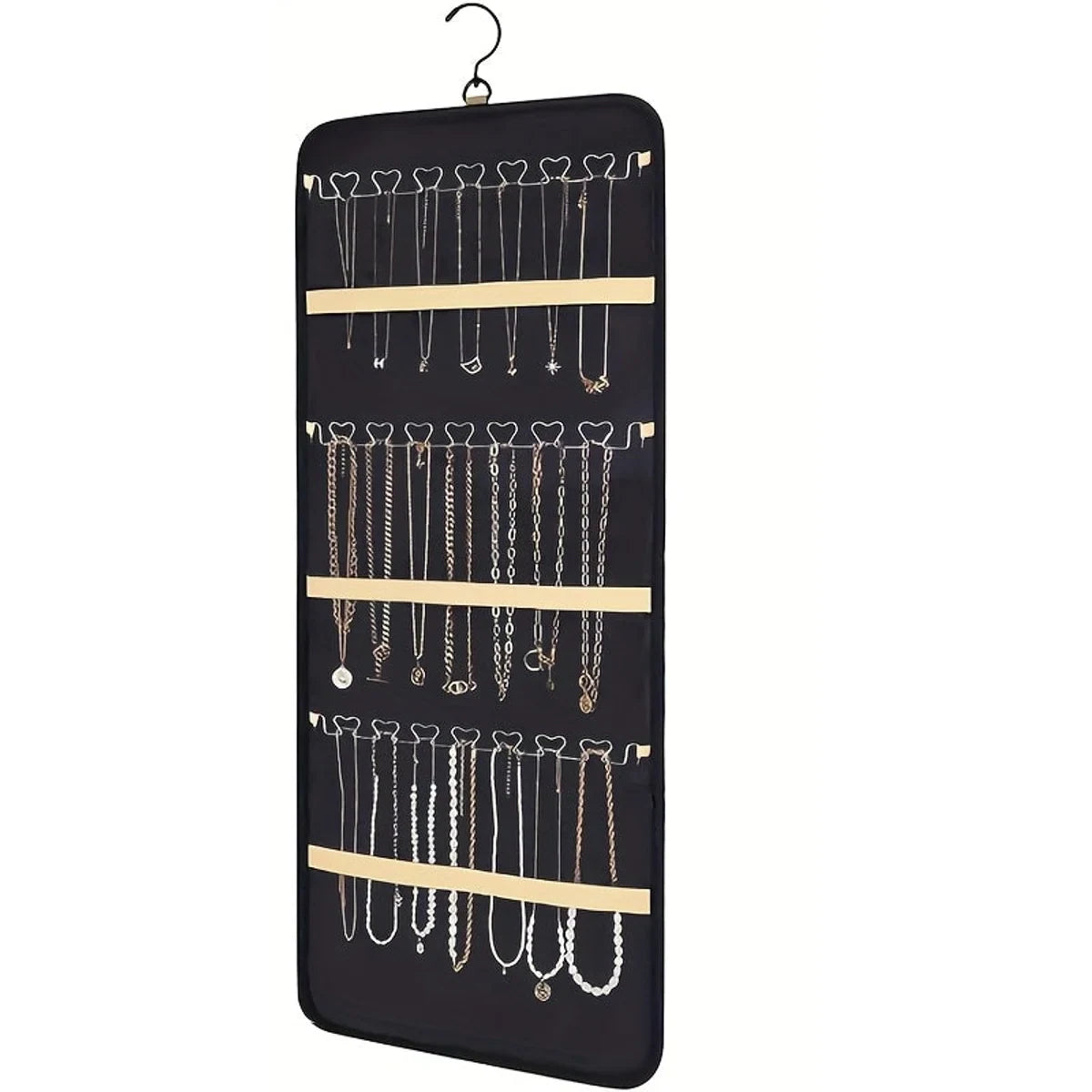 Black double-sided hanging jewelry organizer with clear pockets, wave hooks and beige straps
