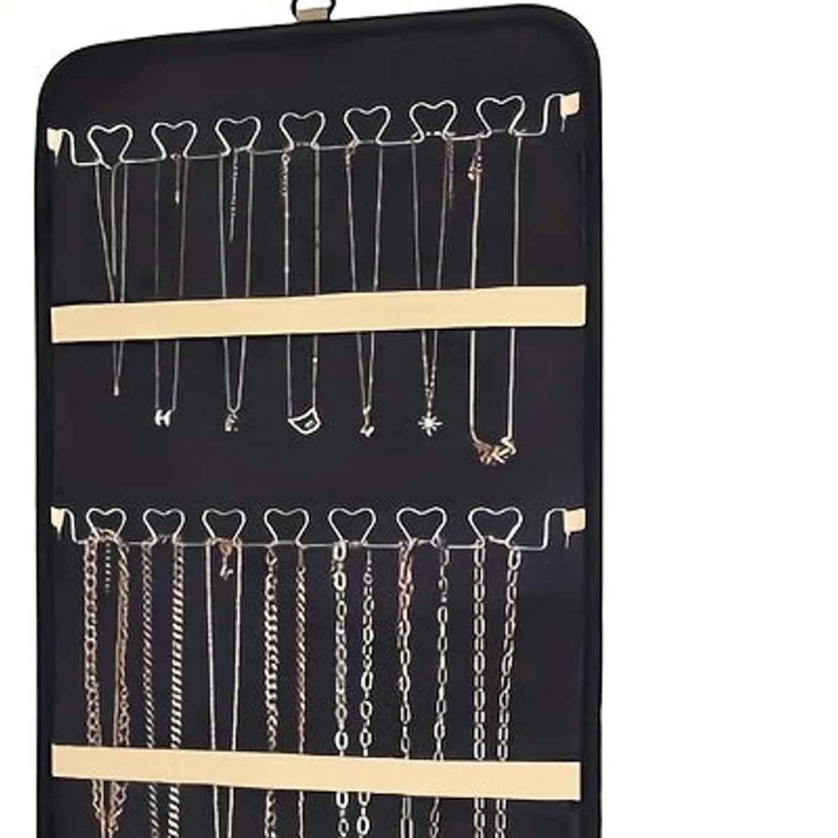 Close view of black jewelry organizer wave hooks and beige elastic retention straps