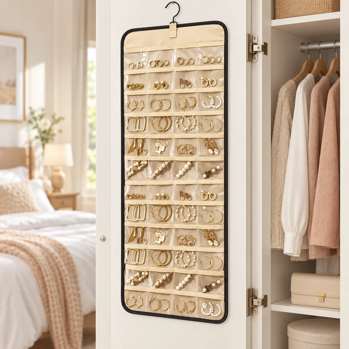 Black hanging jewelry organizer arranged flat with jewelry stored neatly