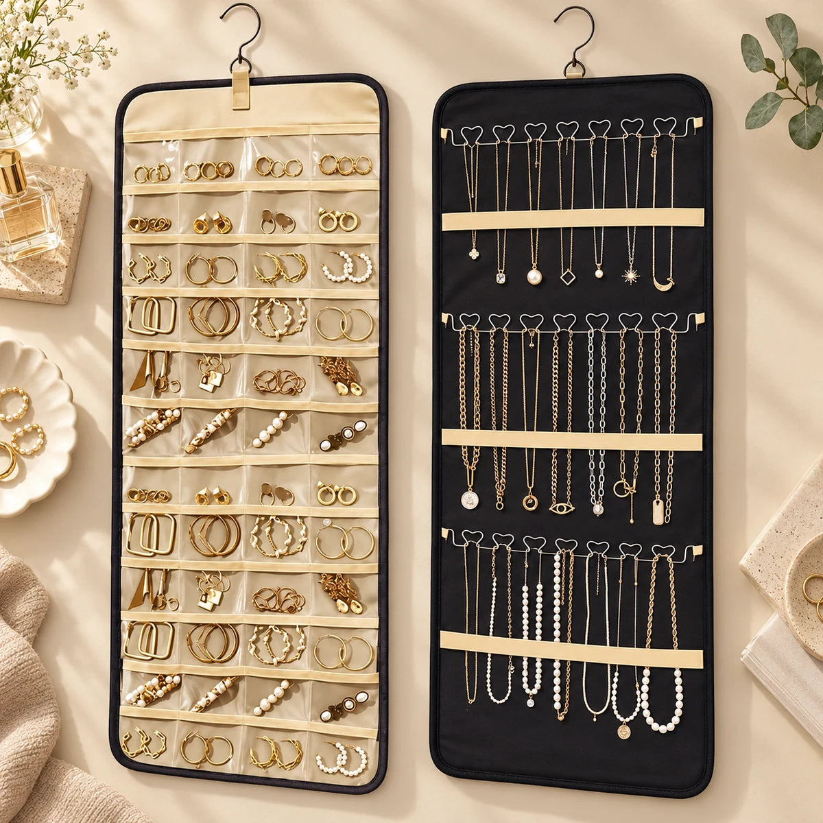 Front and back functional view of the black hanging jewelry organizer