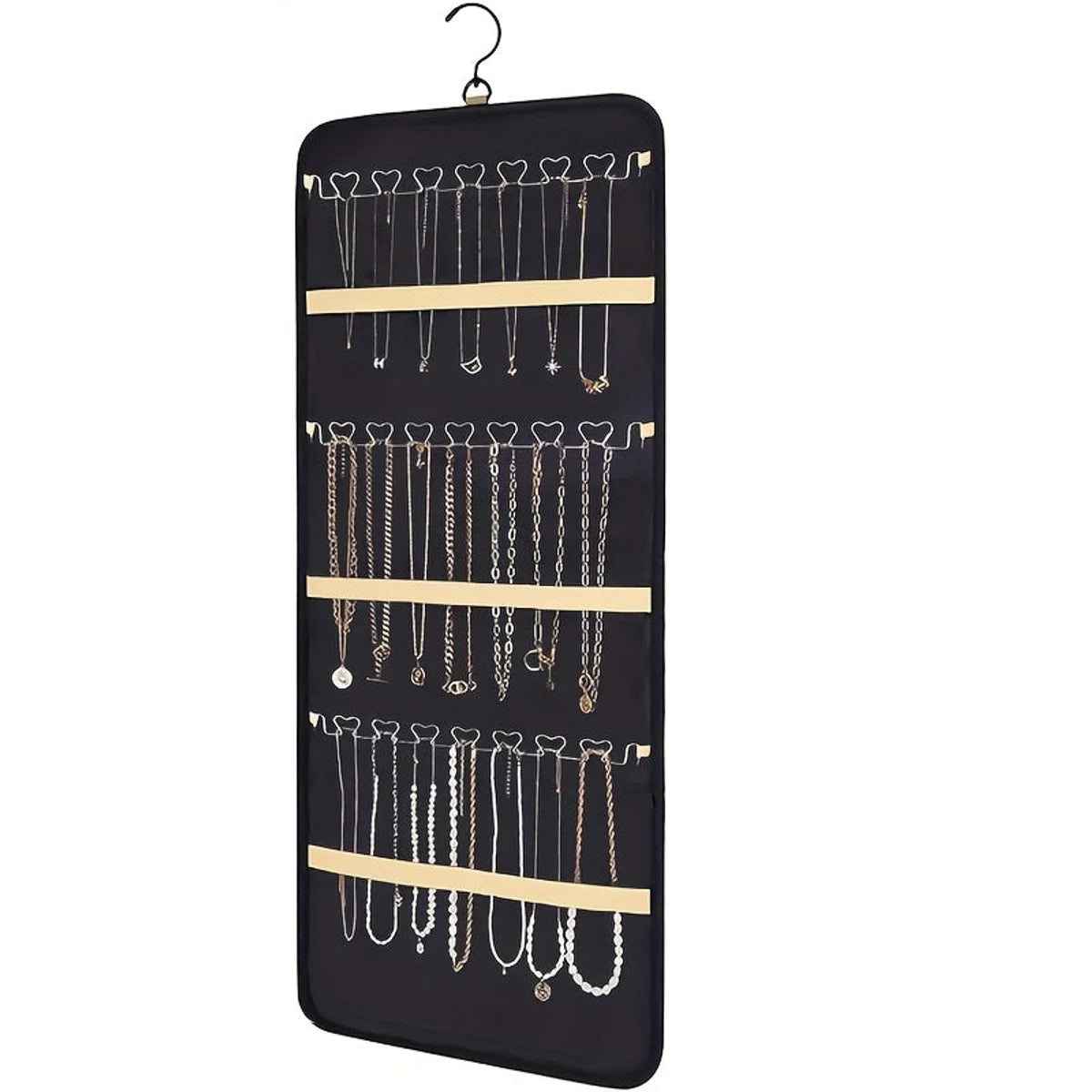 Black hanging jewelry organizer with necklace hooks on white