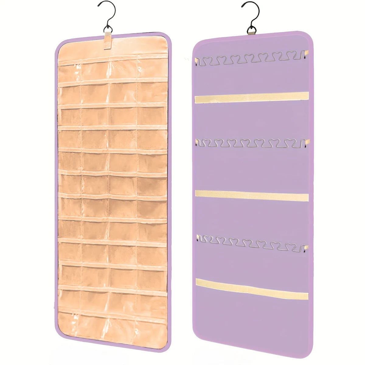 Purple double-sided hanging jewelry organizer with clear pockets, wave hooks and beige straps