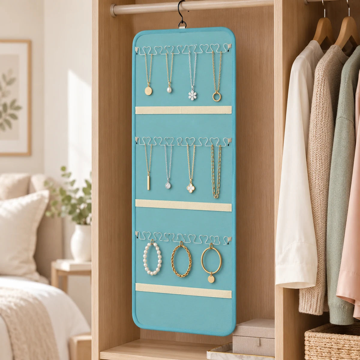 Teal hanging jewelry organizer in use inside a refined wardrobe