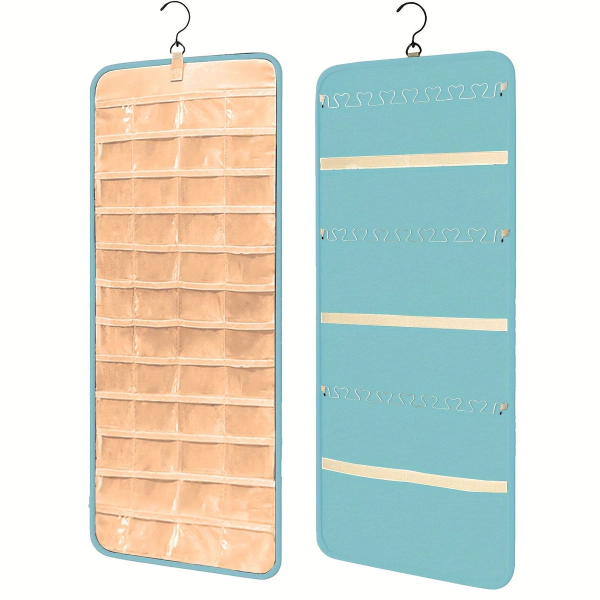 Teal double-sided hanging jewelry organizer with clear pockets, wave hooks and beige straps