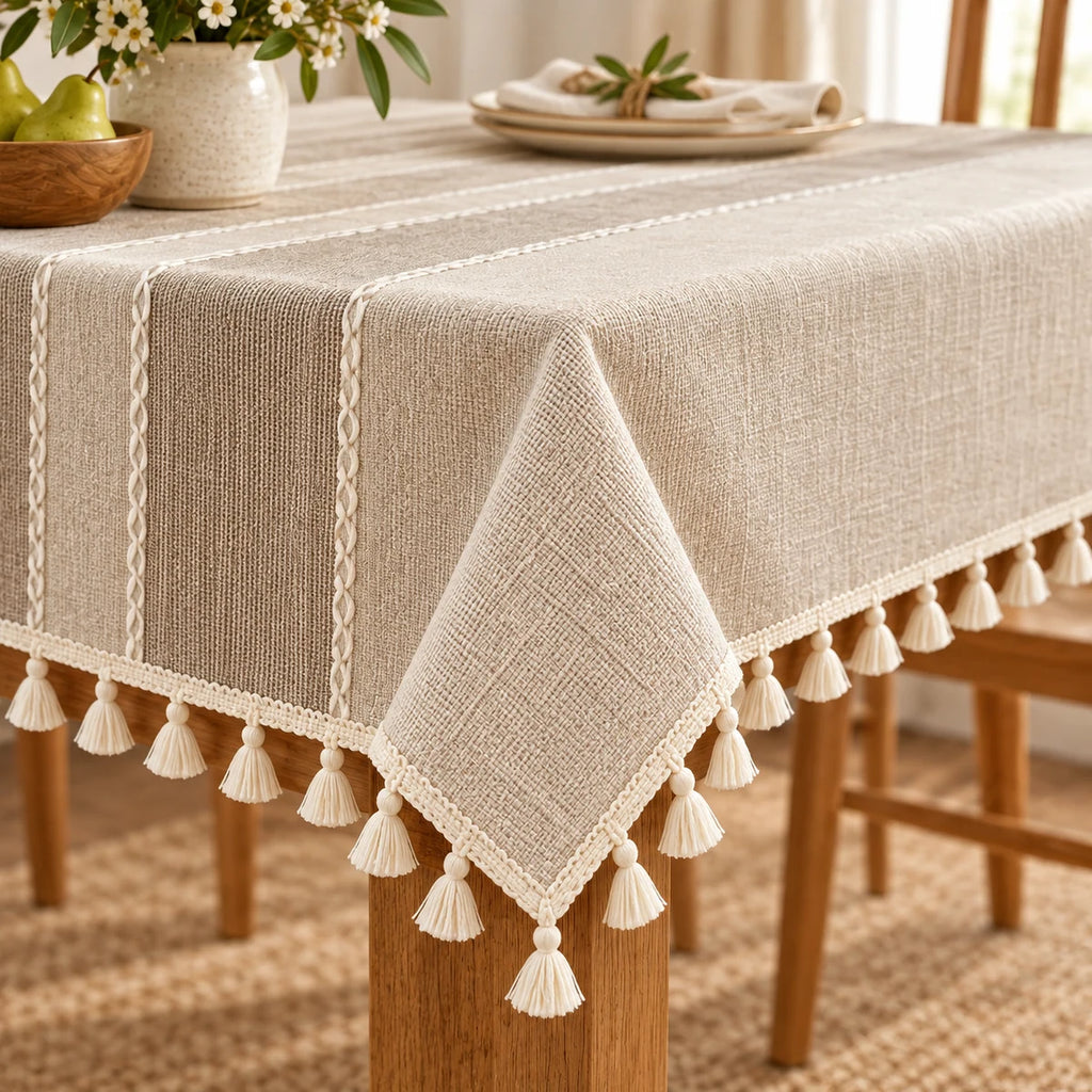 Textured Tablecloth detail view in a coordinated setting